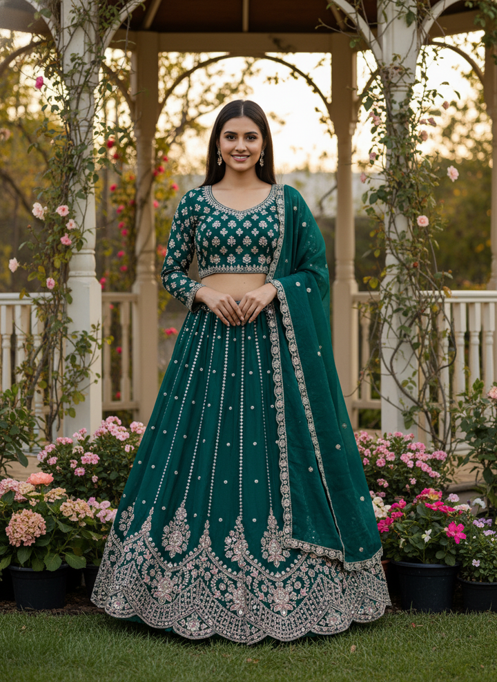 Bottle Green Embroidered Organza Dupatta (54505)
