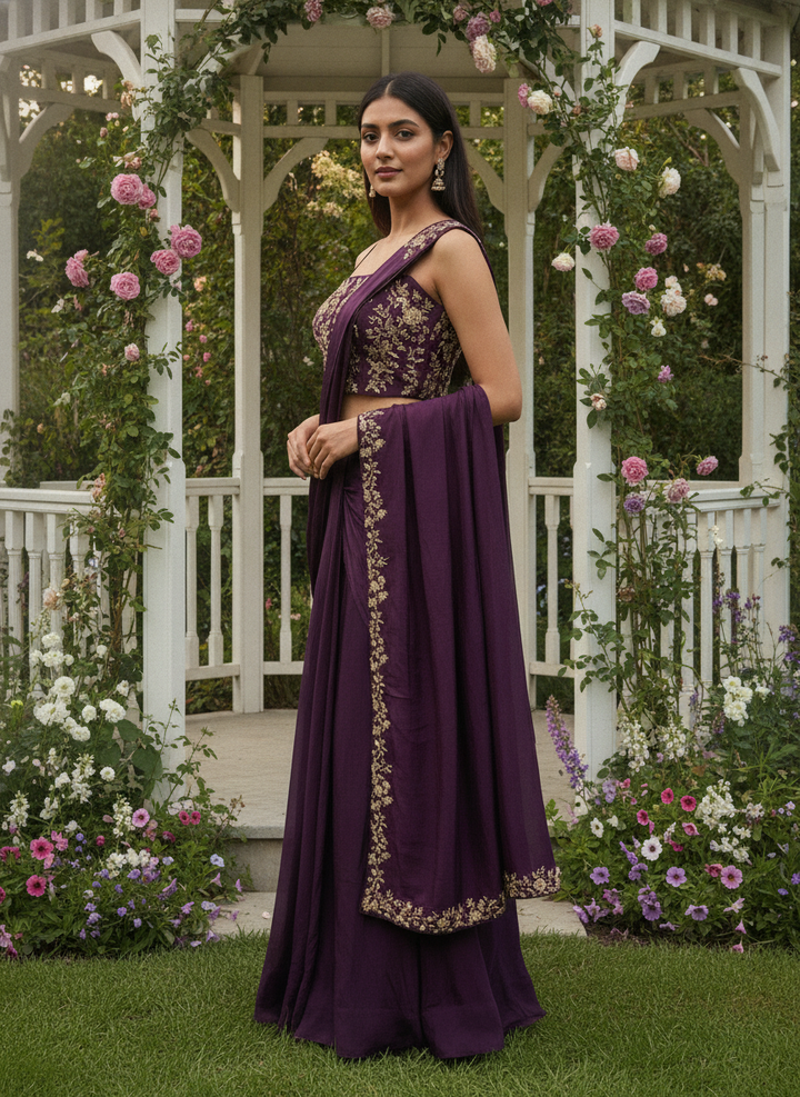 Wine Silk Embroidered Saree with Lustrous Drape (56438)