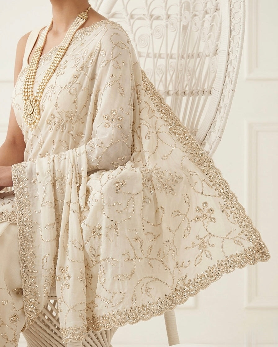 Cream Organza All Over Embroidered Saree (54581)