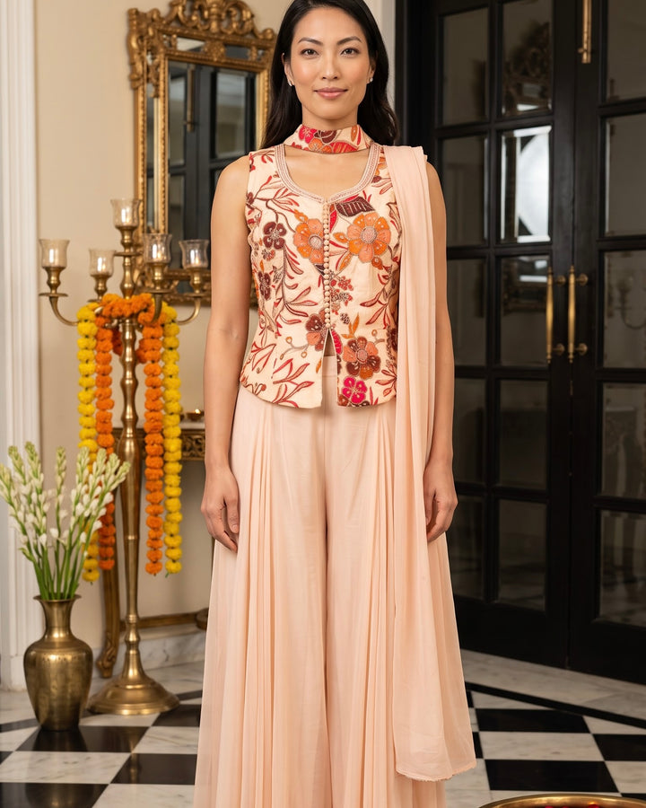 Cream Chinnon Embroidered Short Shirt Palazzo Set (56376)