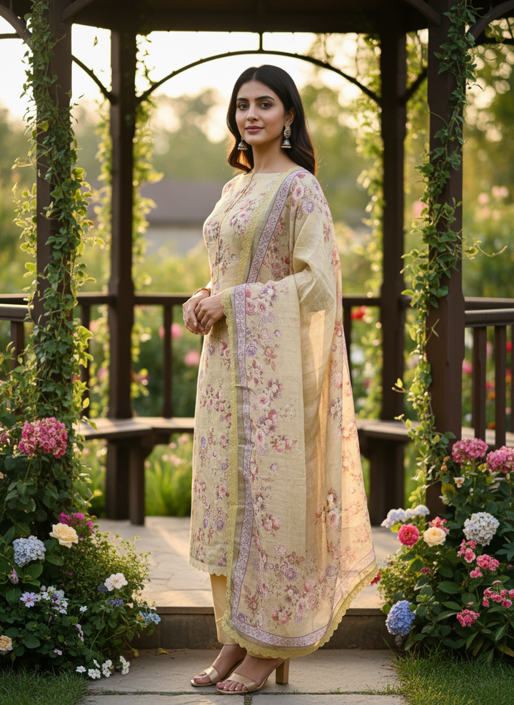Mustard Linen with Printed Embroidery Elegance (49361)