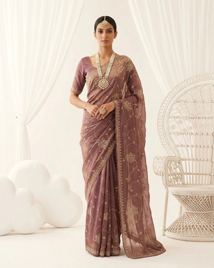 Heritage Purple Organza Embroidered Saree (54589)