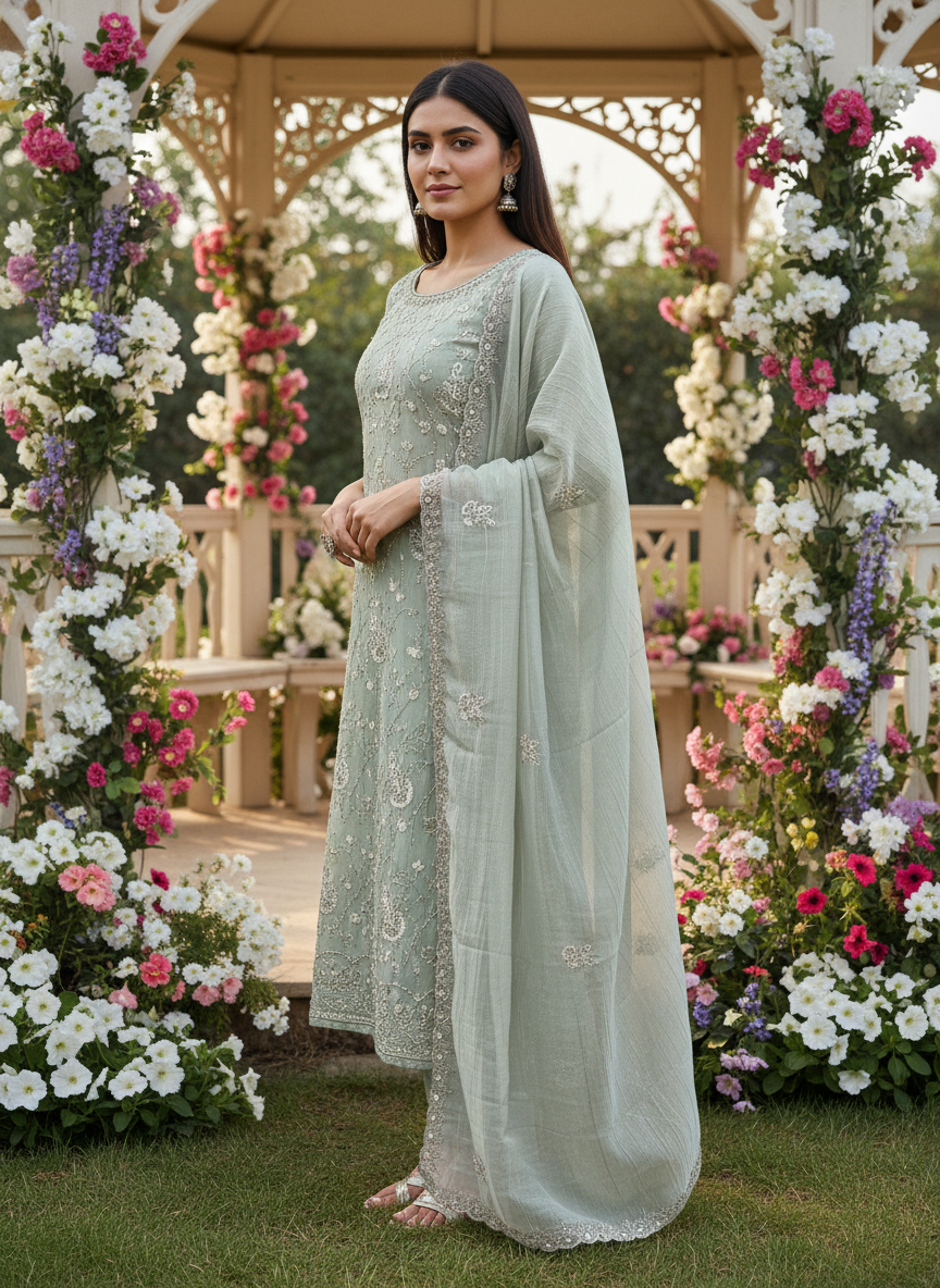 Light Green Tissue with Handwork Cutdana (48670)