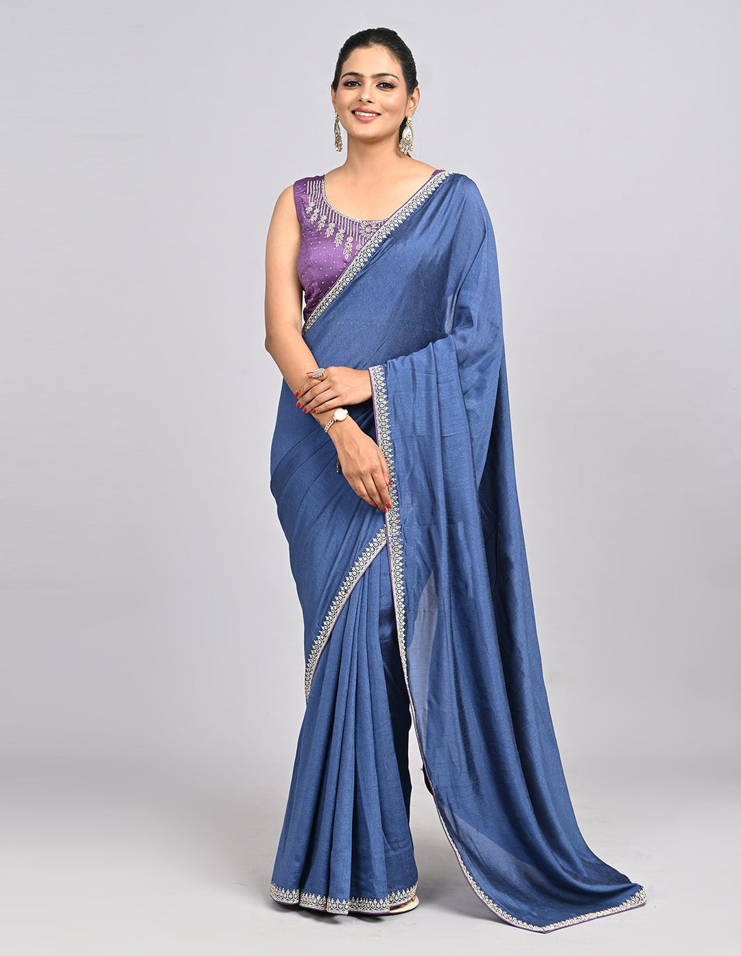 Inaaya – Blue Silk Saree with Swarovski Border & Self-Coloured Blouse | Fazals (47127)