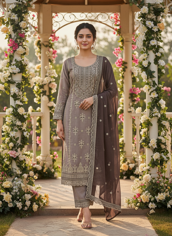 Monsoon Brown Chinnon with Zari Embroidery (53526)