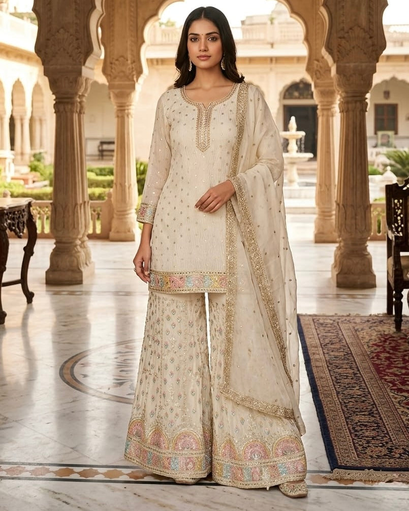 Roshni – Ivory Cream Tissue Gharara Suit with Zari & Multicolour Work | Fazals (50537)