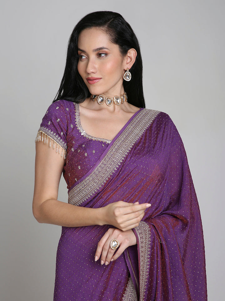 Saanvi – Purple Silk Saree with Gold Swarovski Border | Fazals (45070)