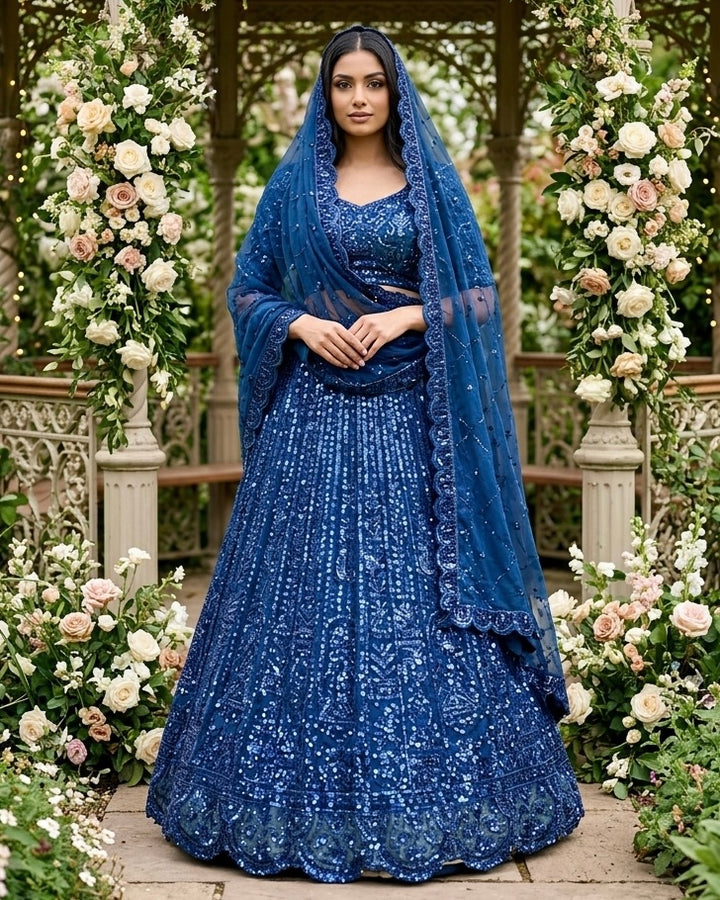 Navy Blue Embroidered Organza Dupatta (54522)