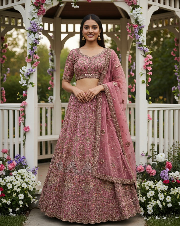 Embroidered Pink Net Bridal Dupatta (54316)