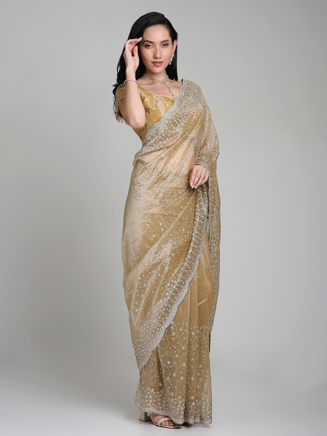 Mehr – Champagne Gold Net Saree with Silver Sequin Detailing | Fazals (45074)