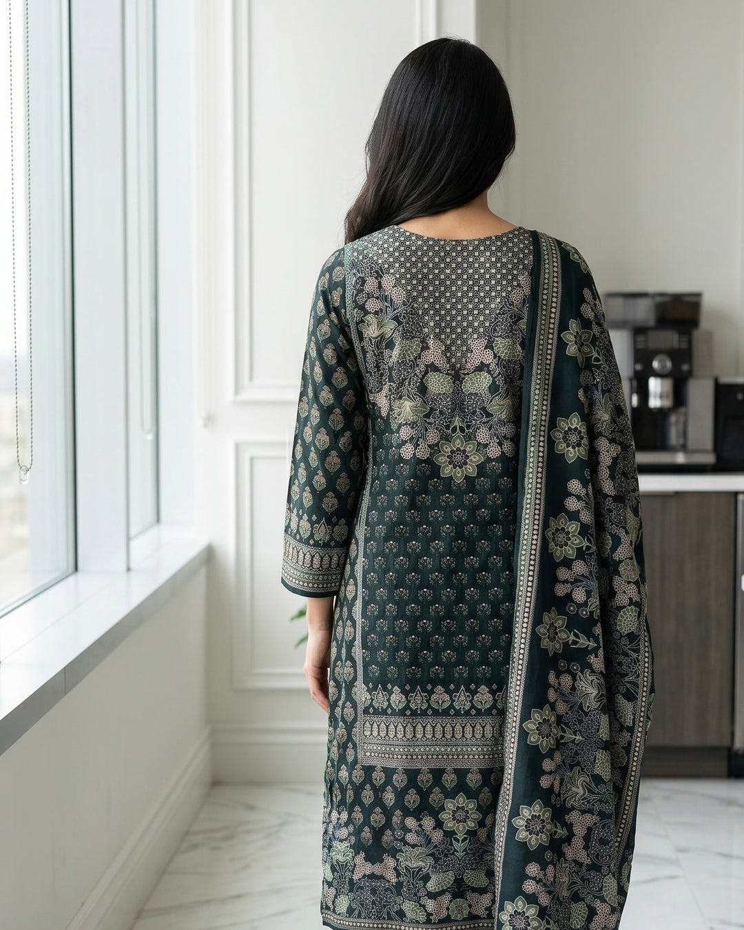 Bottle Green Crepe Embroidered Dupatta (56062)