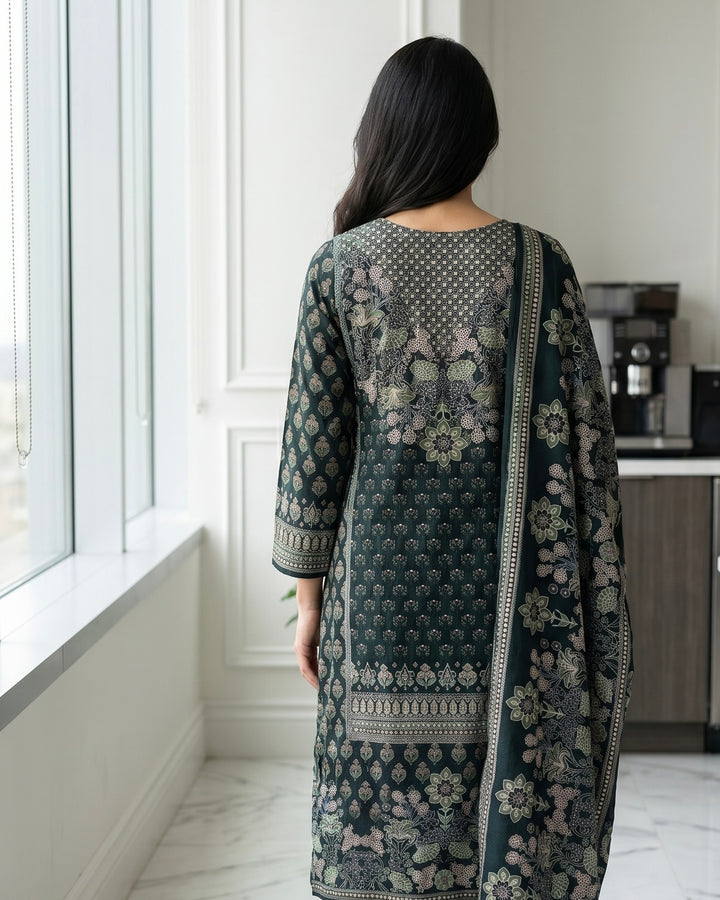 Bottle Green Crepe Embroidered Dupatta (56062)