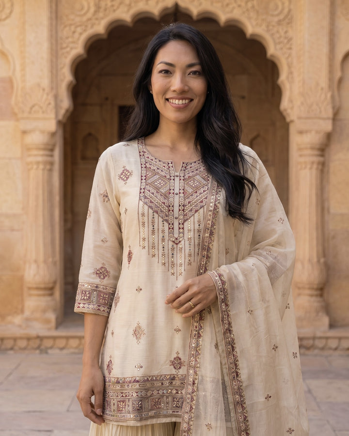 Cream Chinnon Embroidered Festive Palazzo Ensemble (40924)