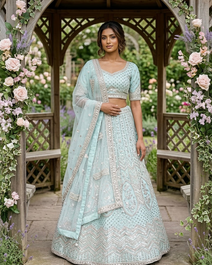 Embroidered Blue Net Dupatta with Elegant Detailing (55069)