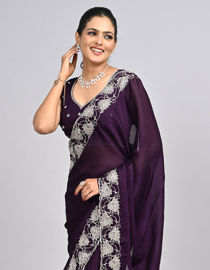 Aayira – Purple Chinnon Saree with Thread Embroidery Border & Self-Coloured Blouse | Fazals (48095)