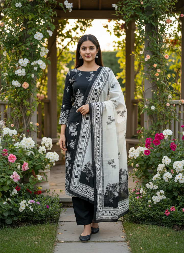 Black Cotton Ensemble with Printed Embroidery (54924)