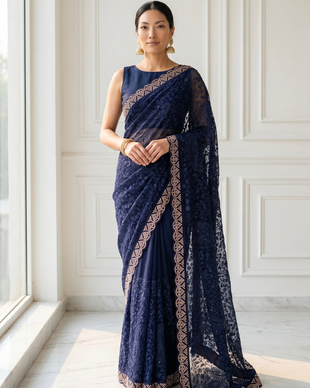Navy Blue Embroidered Organza Saree Elegance (54579)