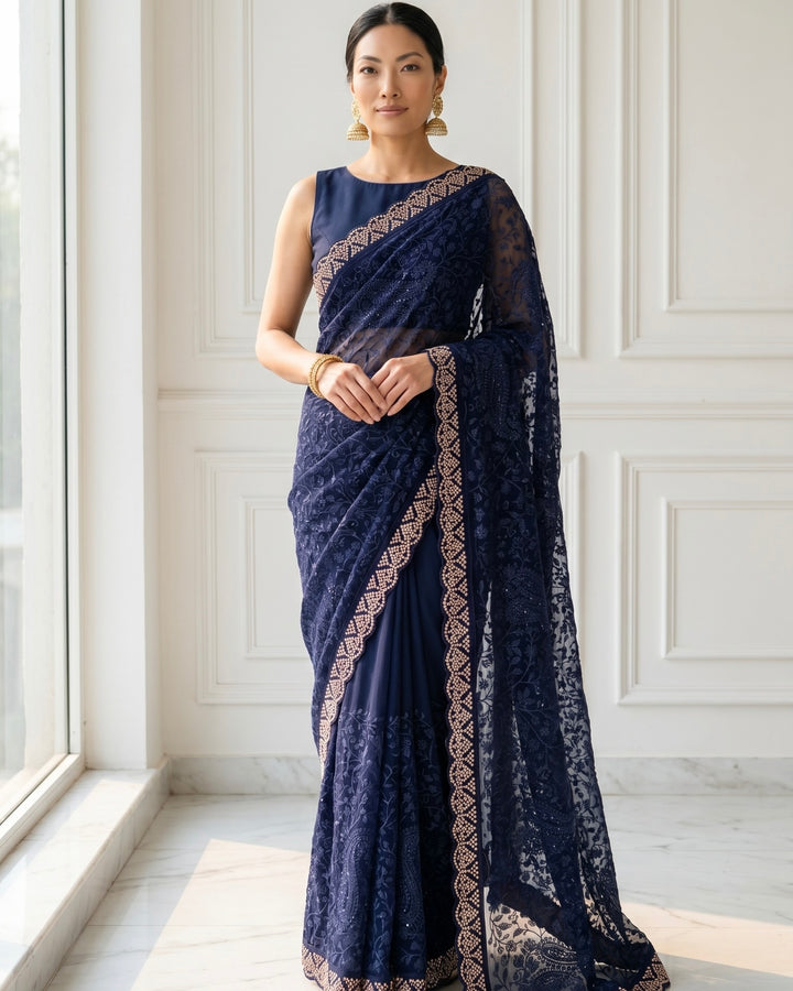 Navy Blue Embroidered Organza Saree Elegance (54579)