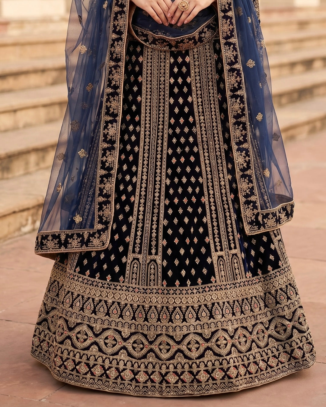 Navy Blue Velvet Embroidered Bridal Dupatta (45365)