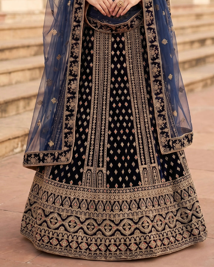 Navy Blue Velvet Embroidered Bridal Dupatta (45365)