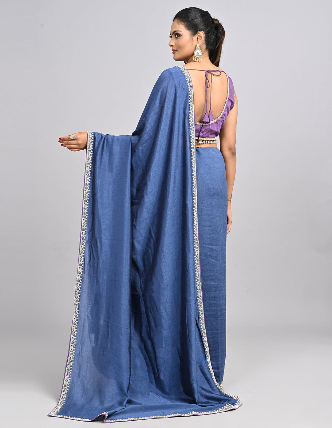 Inaaya – Blue Silk Saree with Swarovski Border & Self-Coloured Blouse | Fazals (47127)