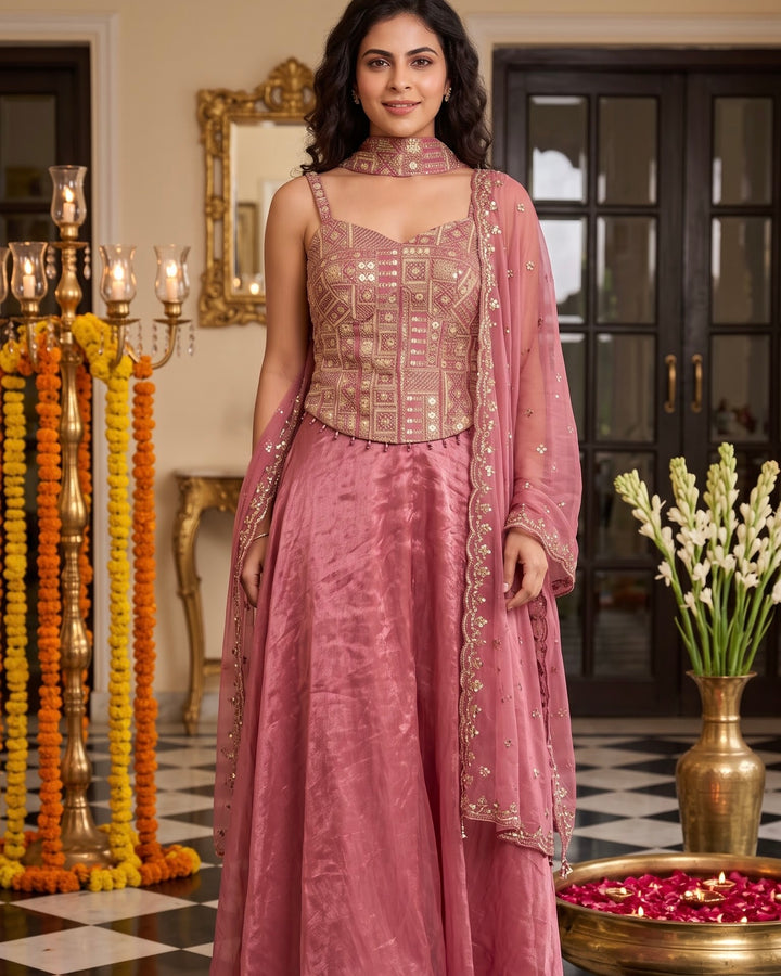 Pink Embroidered Tissue Corset Blouse Palazzo Set (60867)