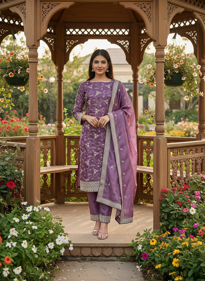 Luminous Pink Tissue with Zari Embroidery (41415)