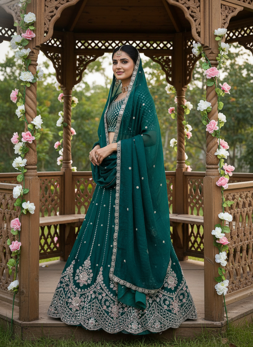 Bottle Green Embroidered Organza Dupatta (54505)