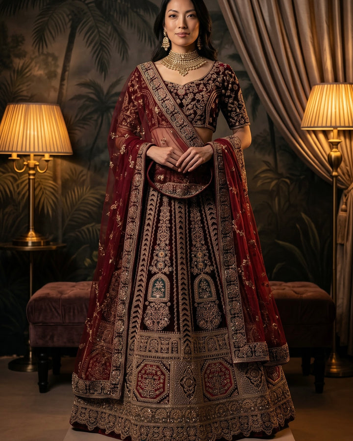 Maroon Velvet Embroidered Bridal Lehenga (42942)