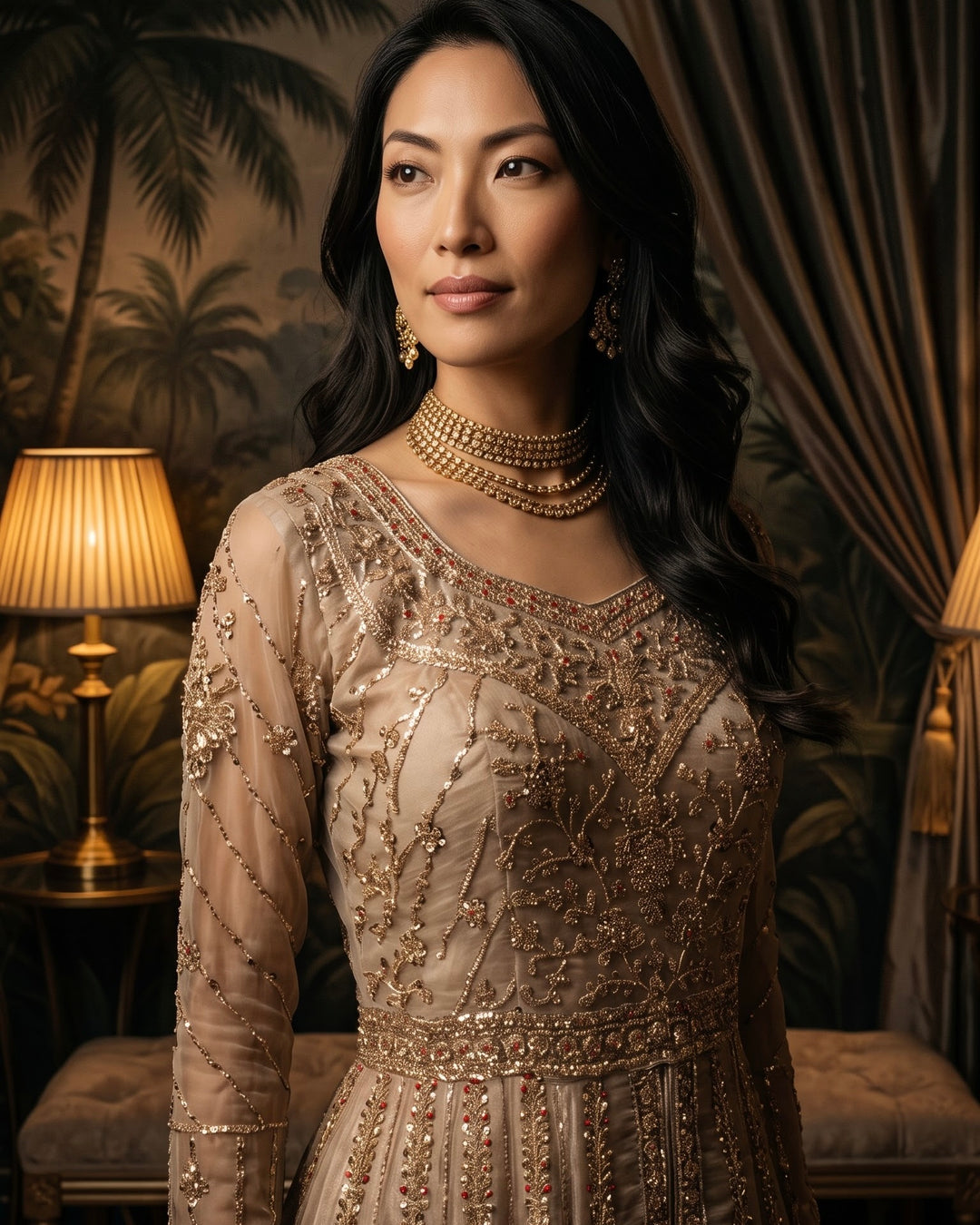 Bottle Green Velvet Embroidered Indo Western (55113)