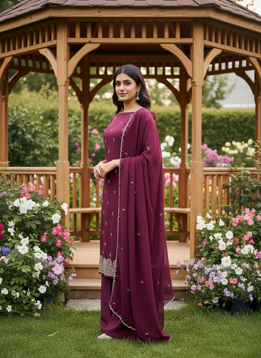 Wine Upada Silk with Handcrafted Cutdana Embellishment (48912)