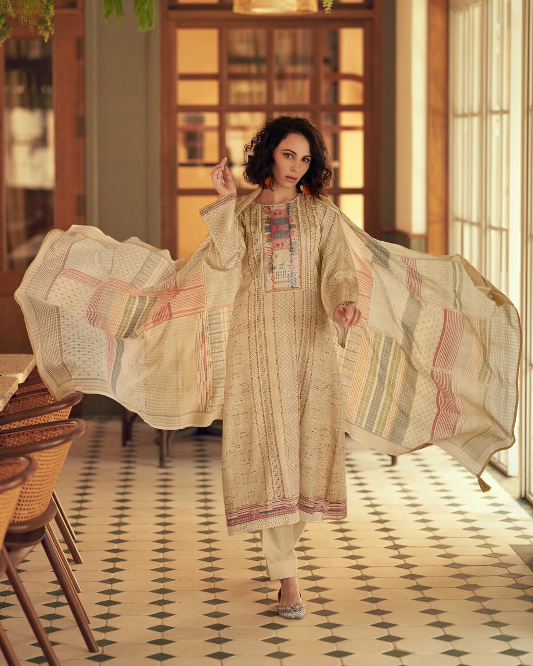 44439 - Printed Cotton Embroidered Suit With Cotton Duppatta