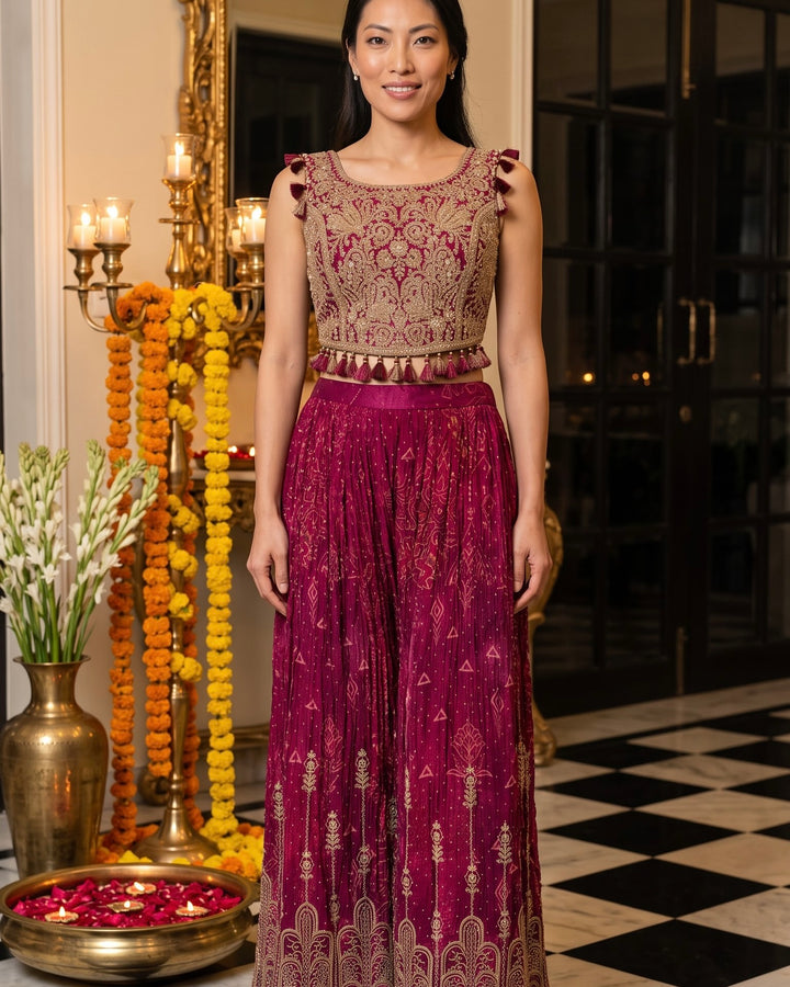 Wine Tissue Embroidered Corset Blouse Palazzo Set (56565)