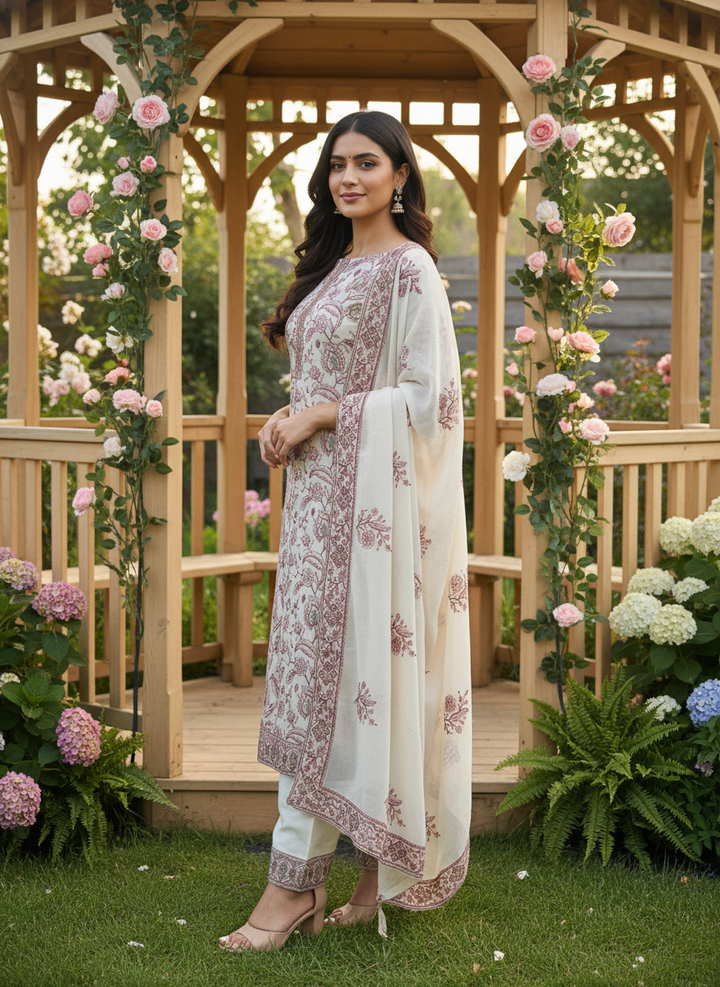 Cream Upada Silk Embroidered Unstitched Suit (49468)
