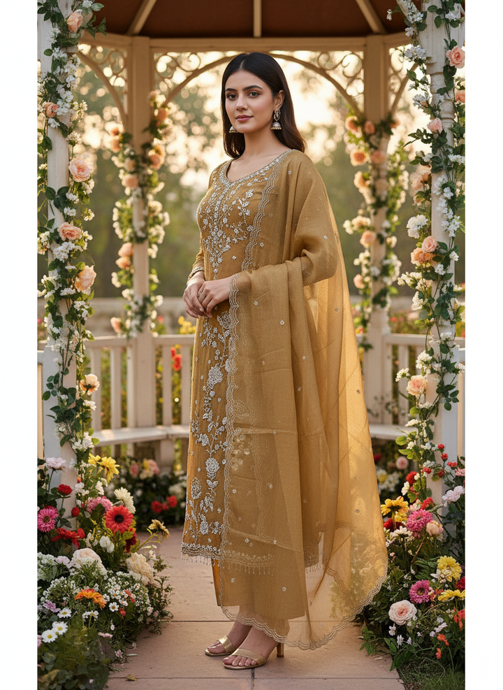 Mustard Tissue Handwork Unstitched Material (48706)