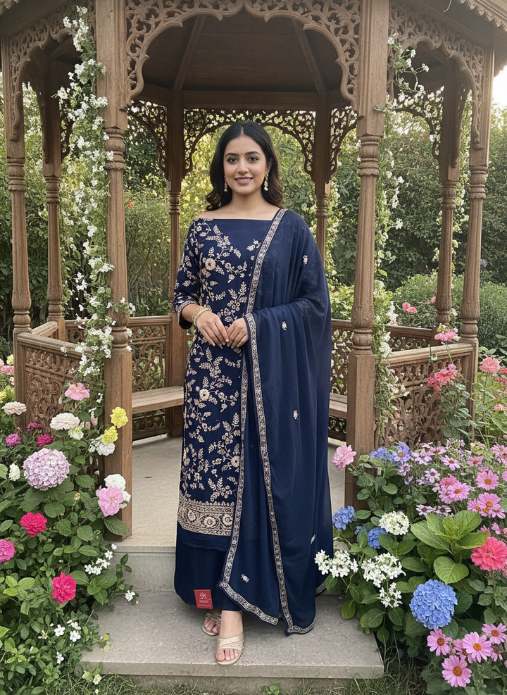 Navy Blue Embroidered Crepe Festive Unstitched Fabric (58873)