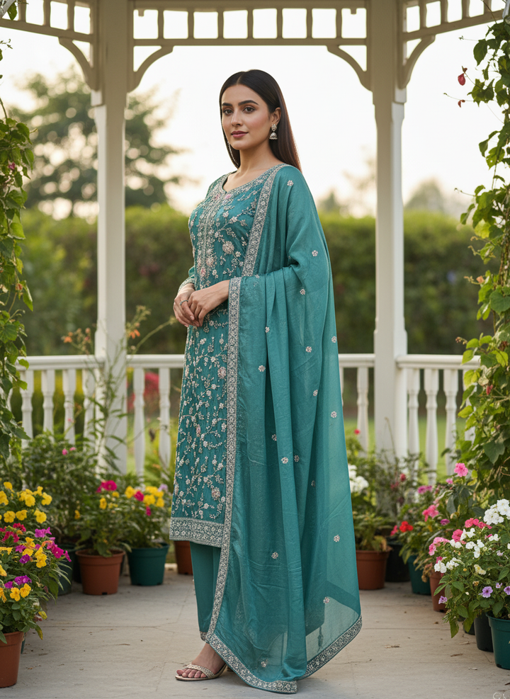 Green Tissue Pant Suit with Cutdana Handwork (53941)