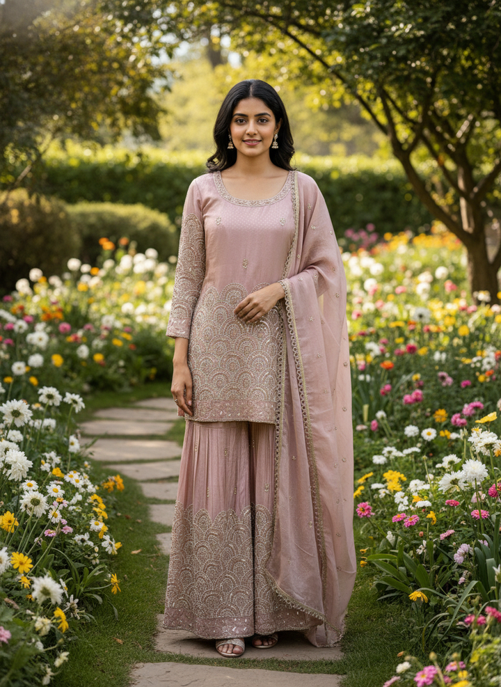 Pink Tissue Sharara with Handwork Sequins (51510)