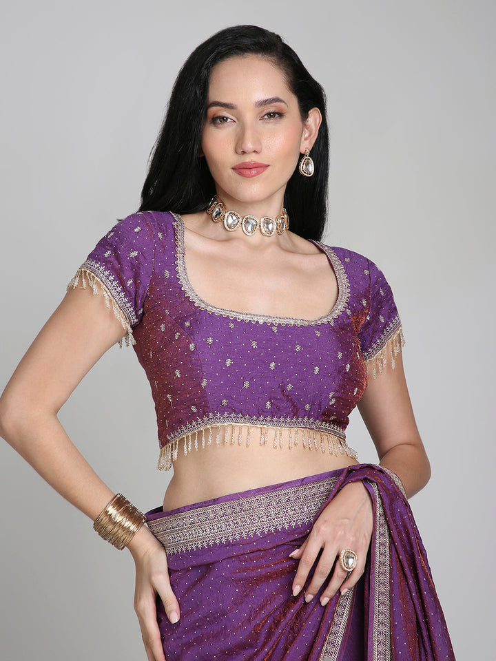 Saanvi – Purple Silk Saree with Gold Swarovski Border | Fazals (45070)