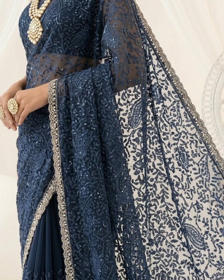 Navy Blue Embroidered Organza Saree Elegance (54579)