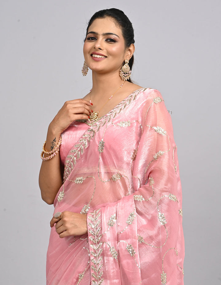 Samaira – Pink Tissue Saree with Sequin Embroidery & Self-Coloured Blouse | Fazals (45063)
