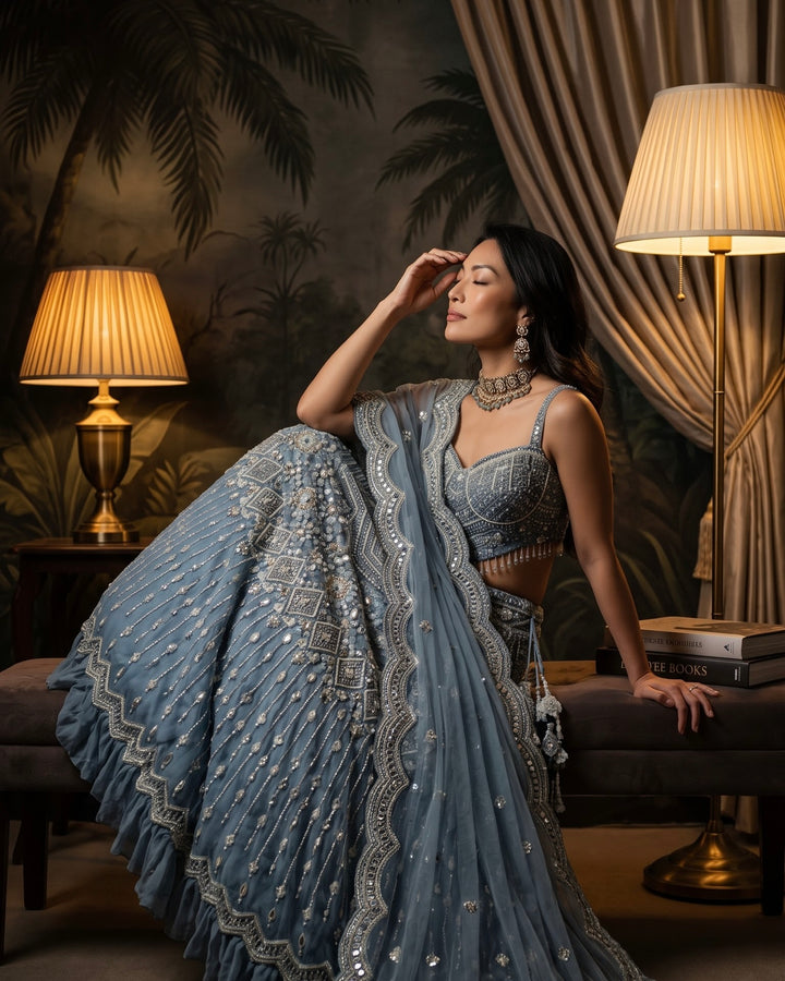 Glacier Blue Corset Blouse Fish Cut Lehenga (59218)