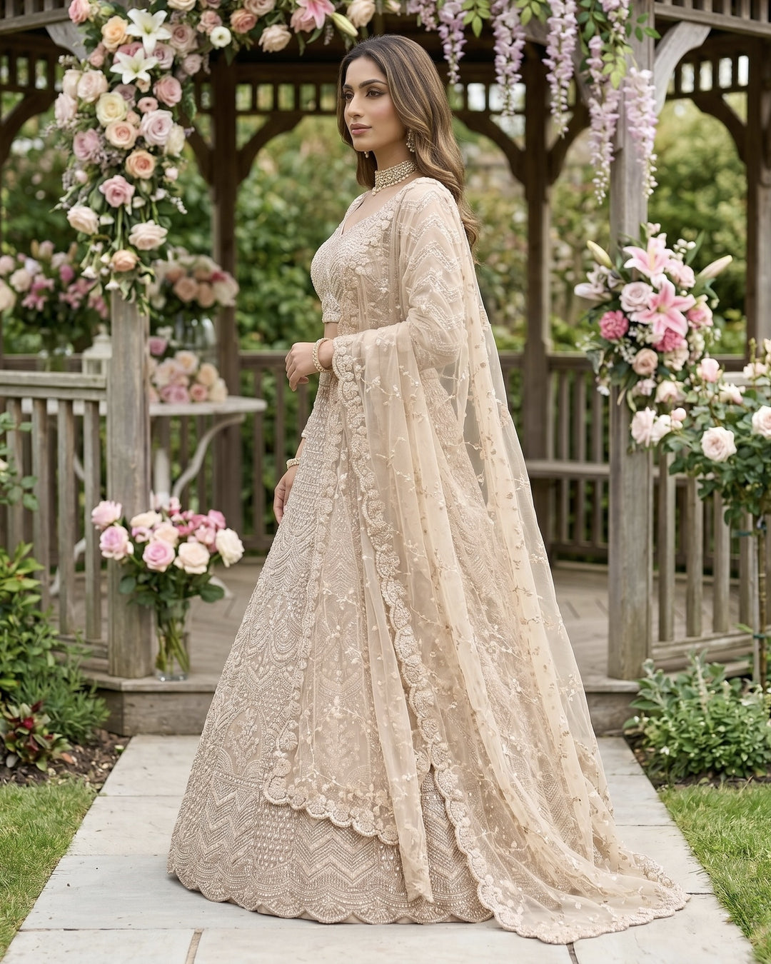 Peach Embroidered Net Bridal Dupatta (54336)