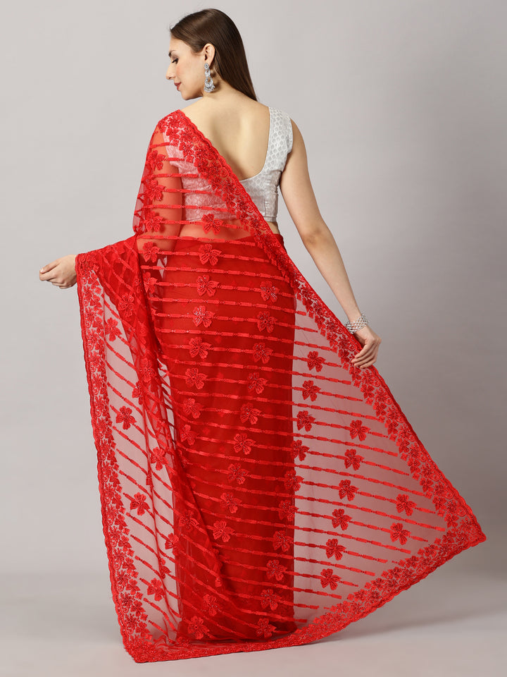 Net Red Thread work Embroidered Saree