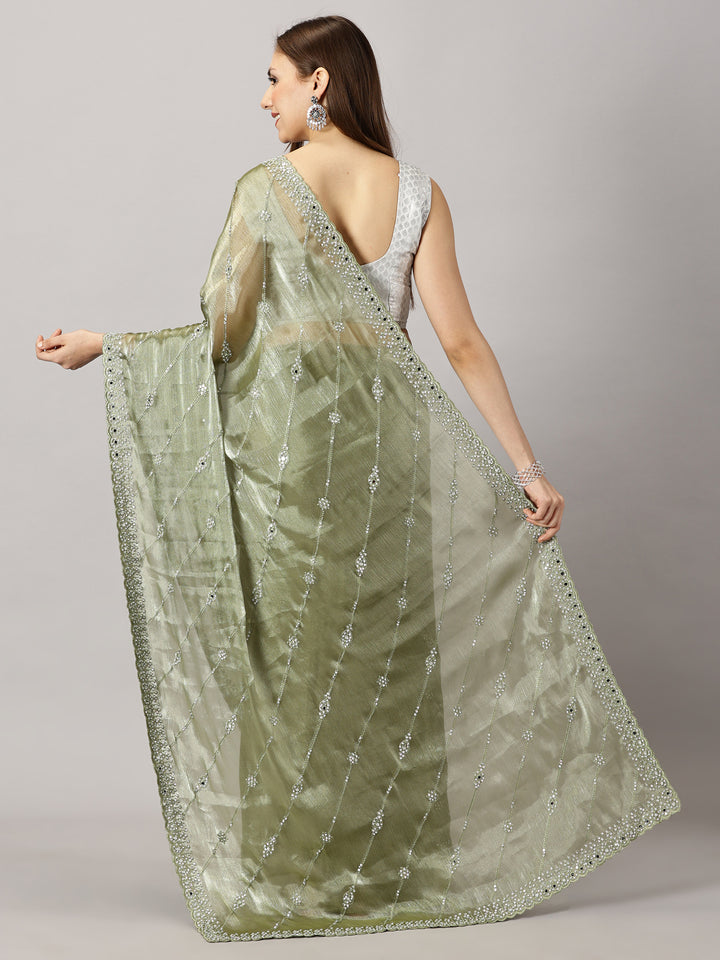 Organza Green Zari Stone Embroidered Saree