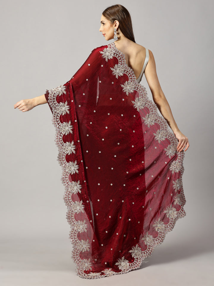 Organza Maroon Zari Embroidered Saree