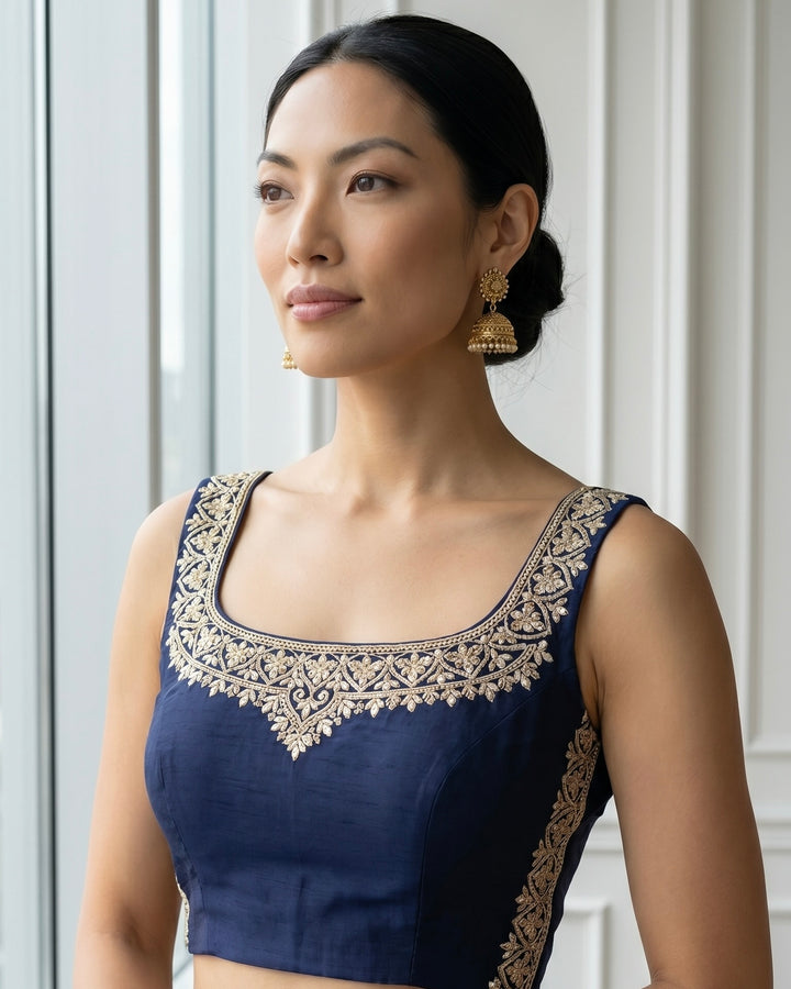 Navy Blue Embroidered Organza Saree Elegance (54579)