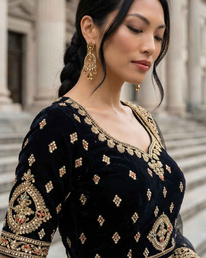 Navy Blue Velvet Embroidered Bridal Dupatta (45365)