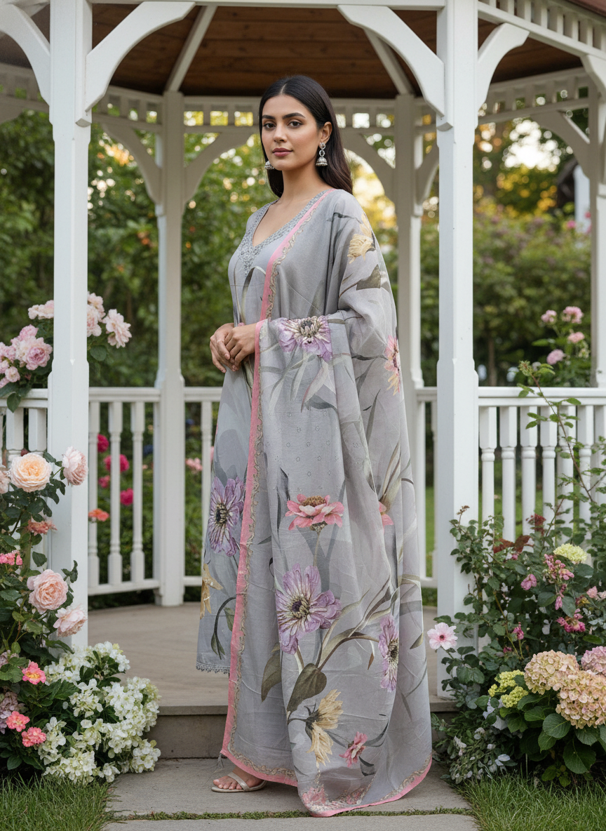 Grey Muslin Floral Embroidered Unstitched Fabric (54958)