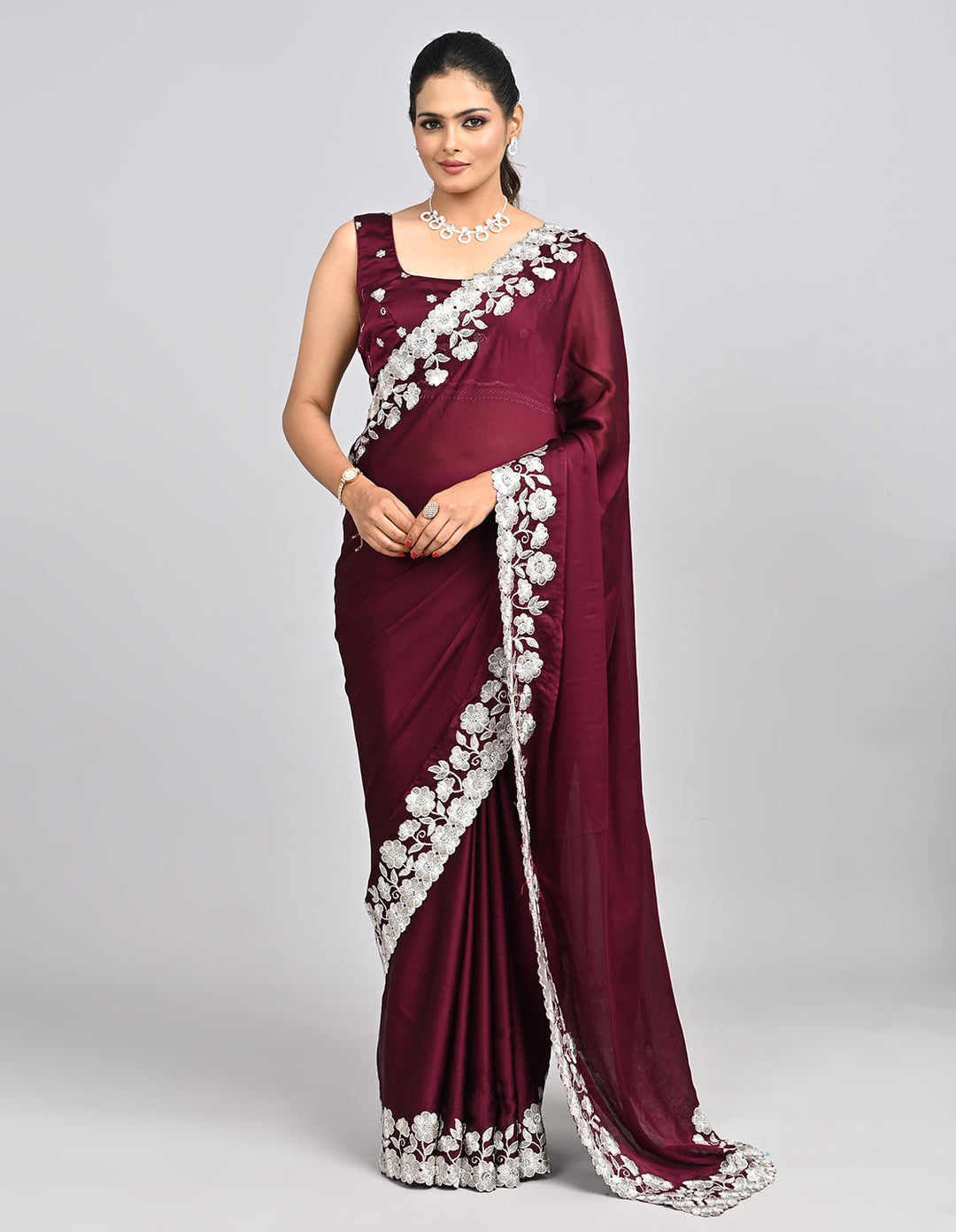 Aabroo – Wine Chinnon Saree with White Thread Embroidery | Fazals (47752)